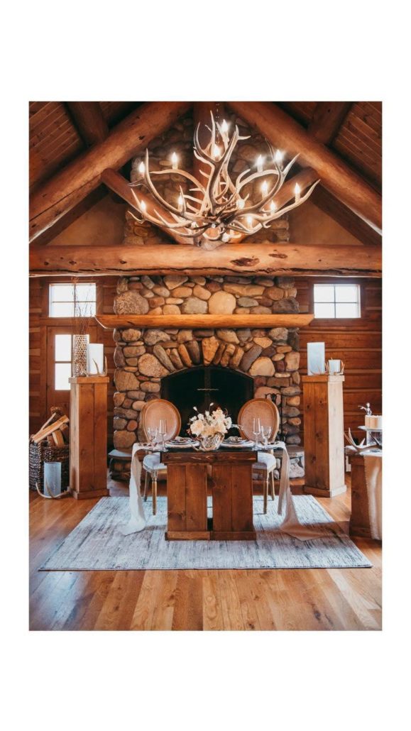 A wedding table set for a bride and groom inside a log cabin at Astoria Hot Springs.