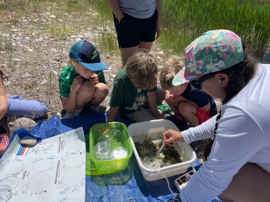Children squat to look at a river specimen in an ecology study.